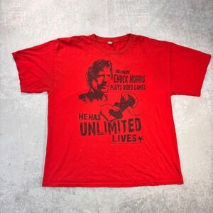 Chuck Norris Unlimited Lives 2010 Graphic T-Shirt Red XL Meme Gaming Tee
